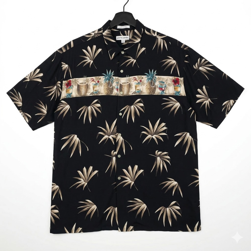 Pierre Cardin Mens XL Rayon Hawaiian Shirt Black Tropical Palm Cocktail Print